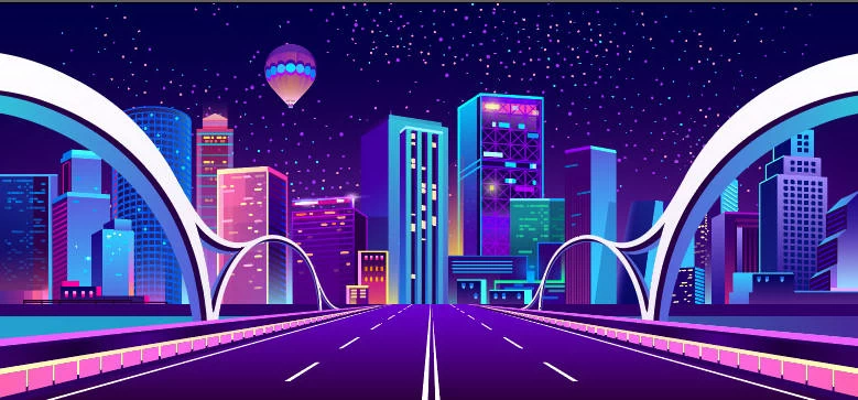 未来科技科幻霓虹灯渐变绚丽城市建筑夜景灯光插画AI/PSD设计素材100套【063】